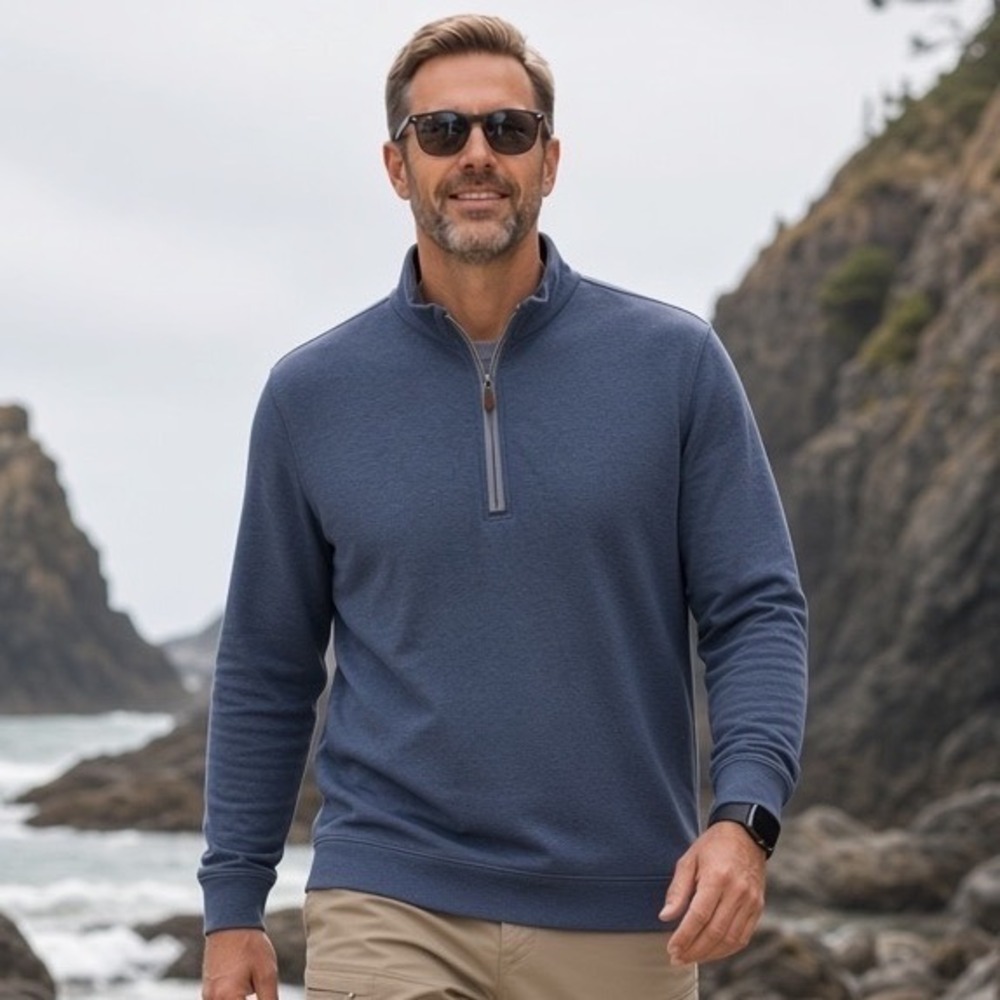 Johnnie-O Mens Medium Blue Heathered Quarter Zip Pullover Sweatshirt Mock Neck